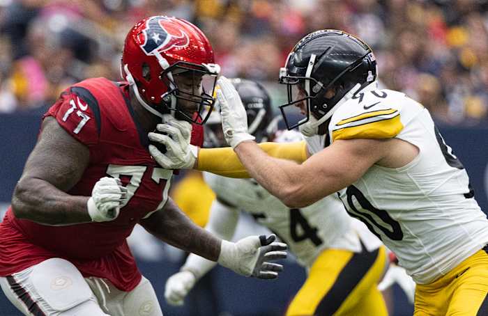 Texans offensive tackle George Fant blocks Pittsburgh Steelers linebacker T.J. Watt
